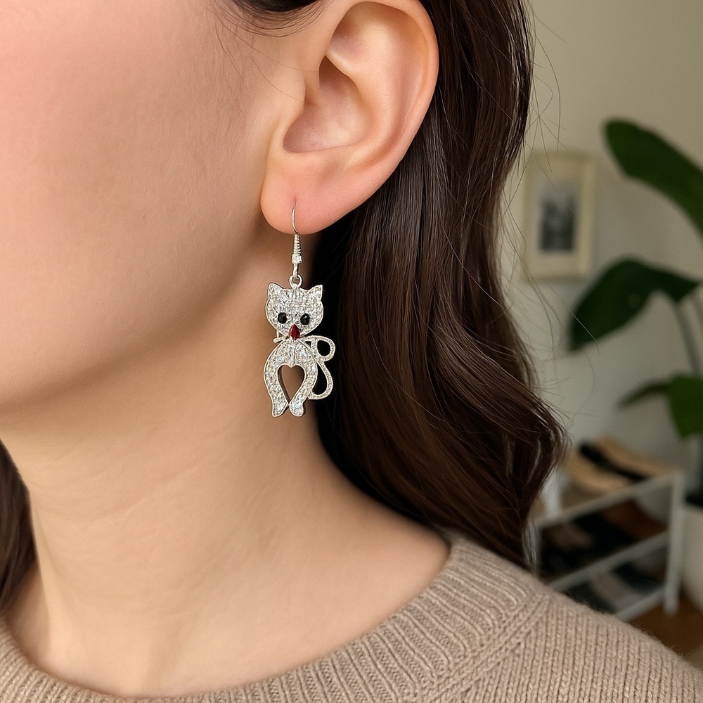 Isabella New York Cat Dangle Earrings Silver Crystal Red Bow - Picture 3 of 5